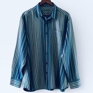 TOMMY BAHAMA Men’s Striped 100% Silk Button Down Shirt | Navy Green White |  XL